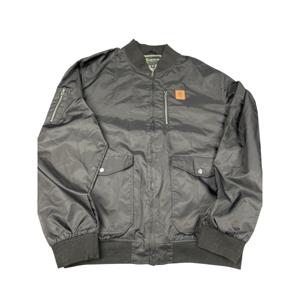 Monster Energy‎ Jacket Men's M Black Full Zip Bomber Windbreaker Flap Pockets
